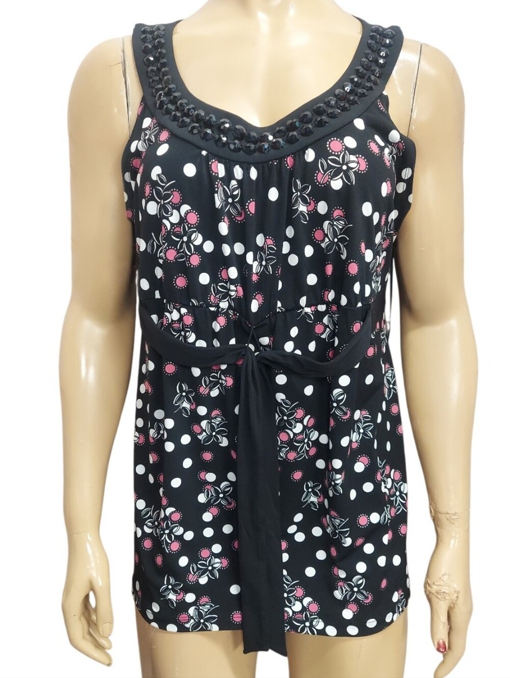 Style & Co. Floral & Polka Dot Print Embellished Neckline Sleeveless Blouse Top